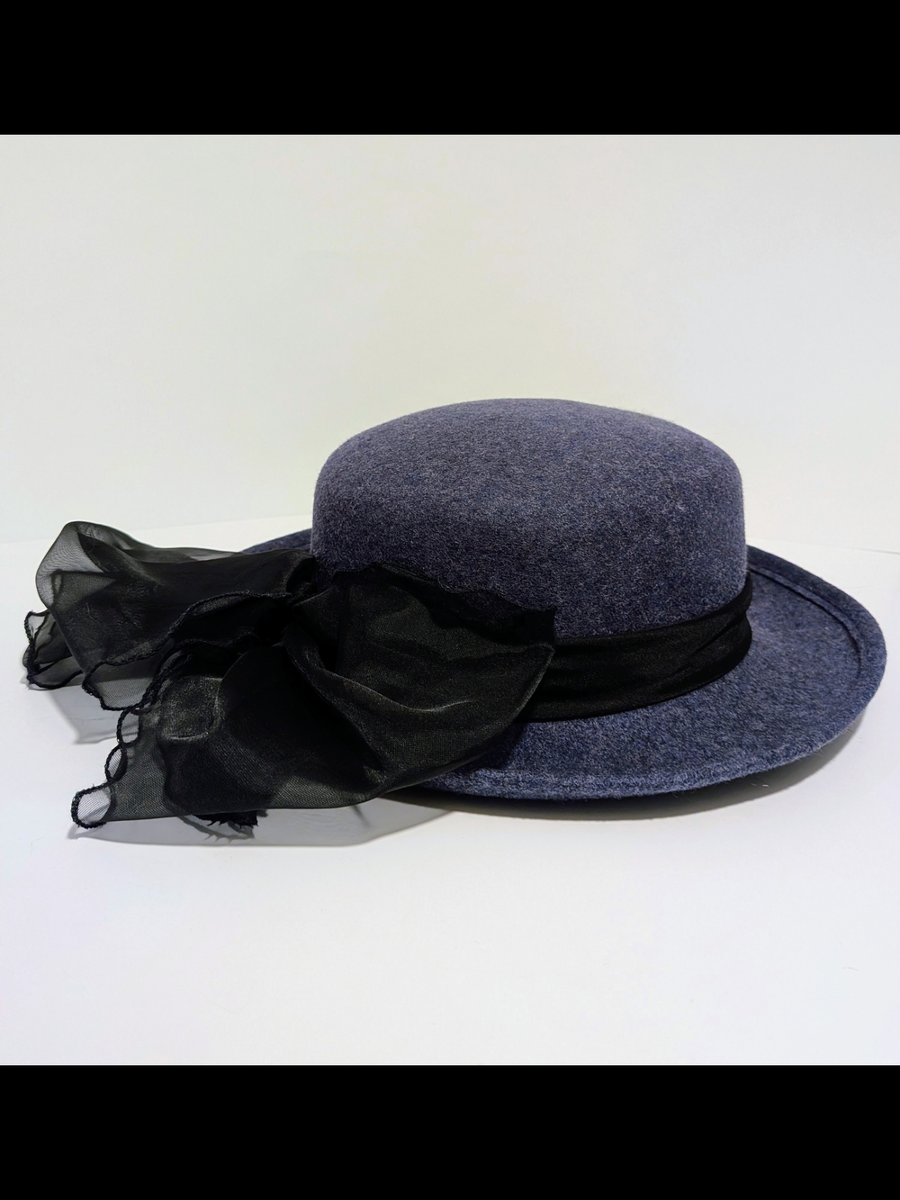 Vintage Arlin 100% Wool Dark Blue / Grey Hat with Sheer Black Bow